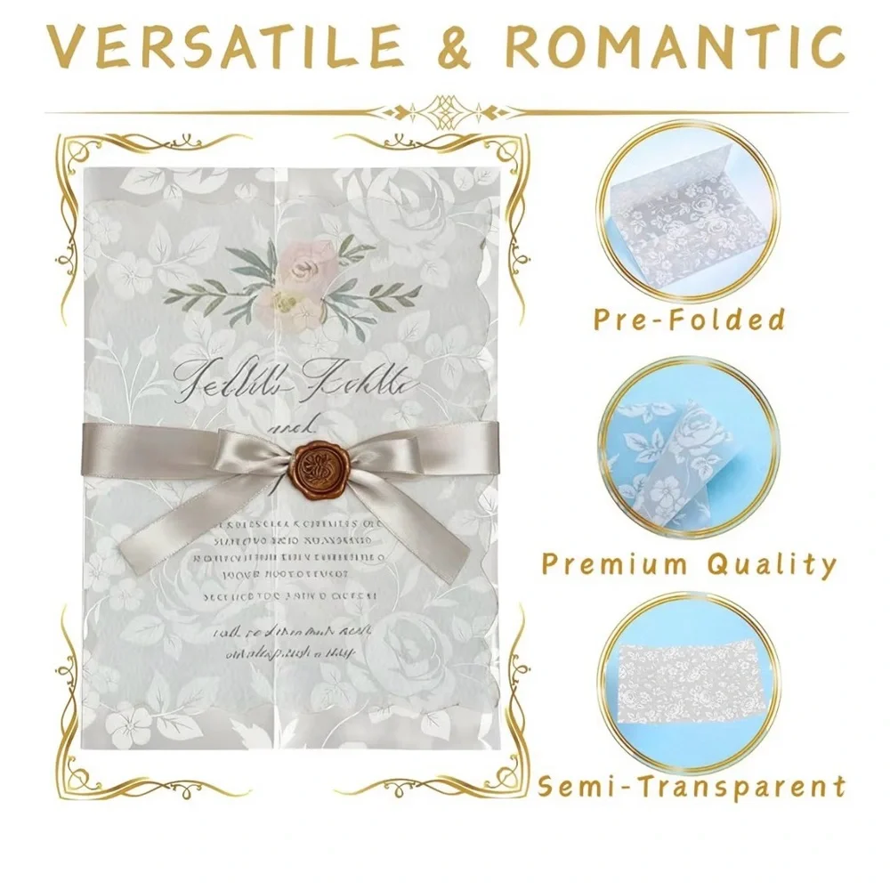 Vellum Jackets White Flower Pattern for Wedding Invitations 115GSM - NEW 50 pack